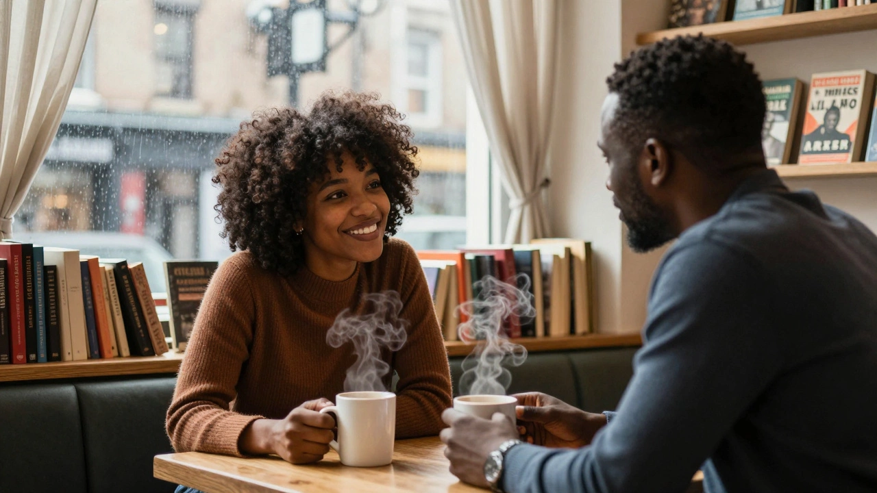 A companion listening intently to a client in a cozy Soho café with rain on the window.