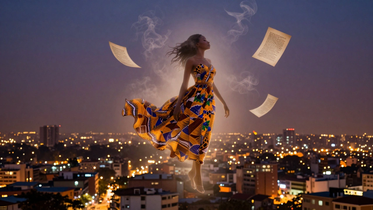 A translucent silhouette of a woman made of kente fabric hovers over Abidjan, with poetry pages and tea steam rising around her.
