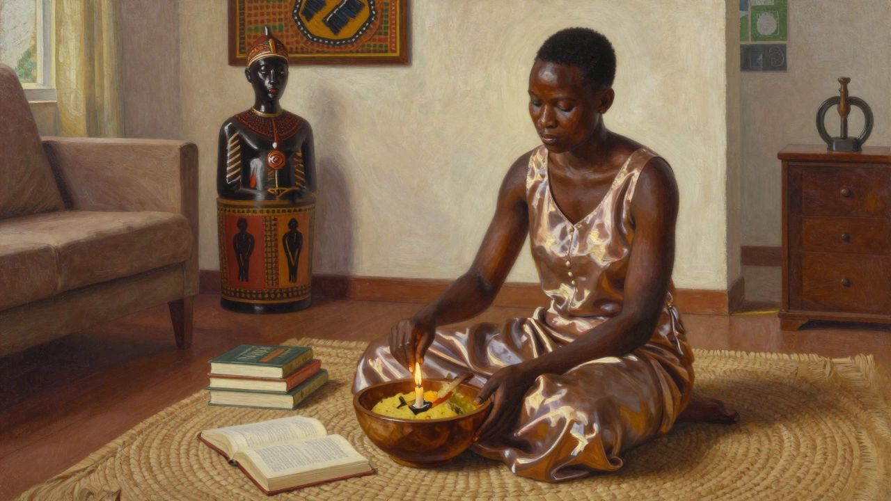 A woman in a silk dress stirs fufu in a softly lit room, surrounded by books and African art, candlelight reflecting on her skin.
