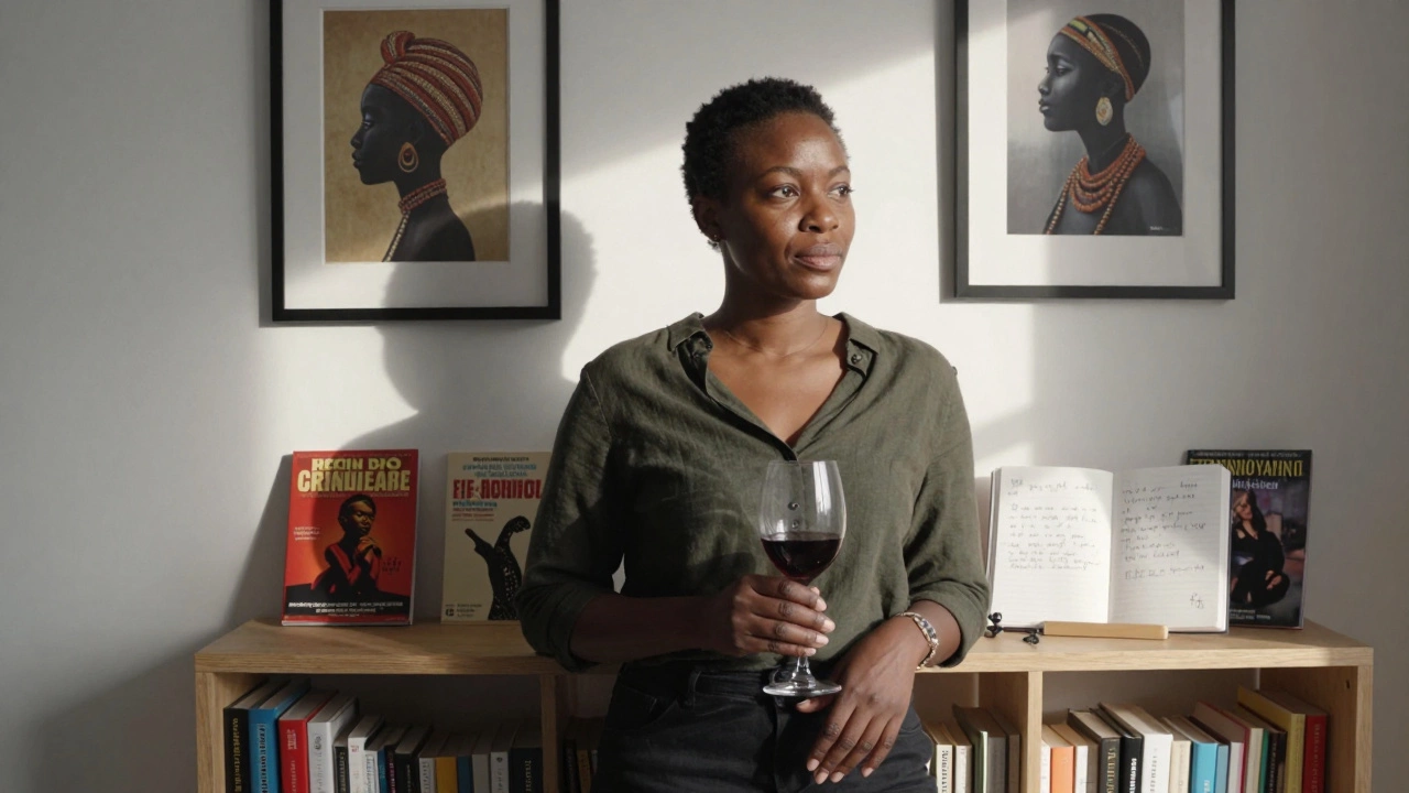 An ebony escort in a sunlit London apartment surrounded by books and cultural artifacts.