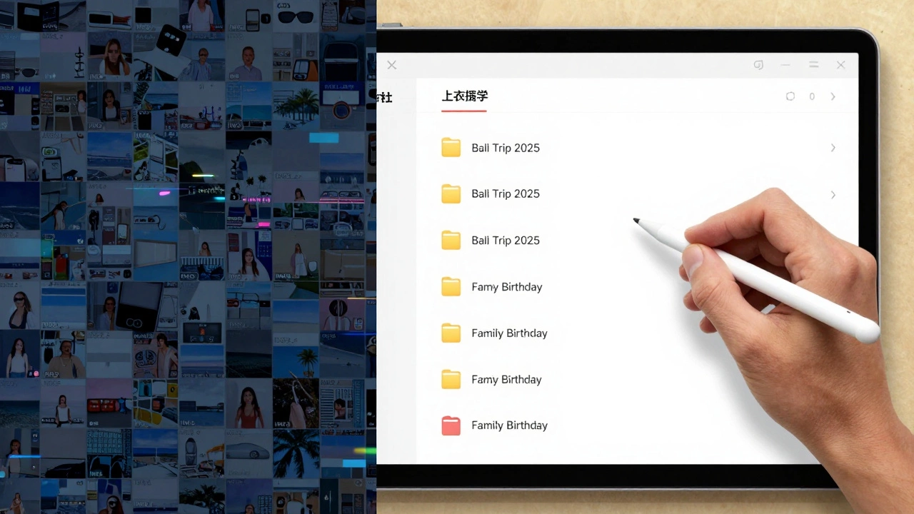 Split image contrasting messy photo gallery with neatly organized photo folders.
